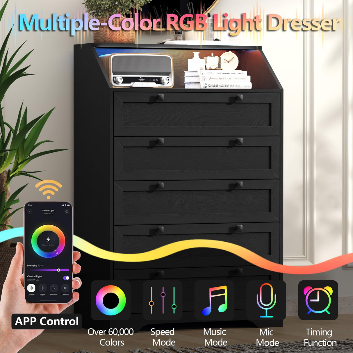 BORNOON 5 Drawer Tall Dresser with LED Lights & Charging Station, Modern Wood Chest of Drawers for Bedroom, Storage Dresser with Metal Handles & Anti-Tip Kit for Closet, Living Room, Entryway BORNOON