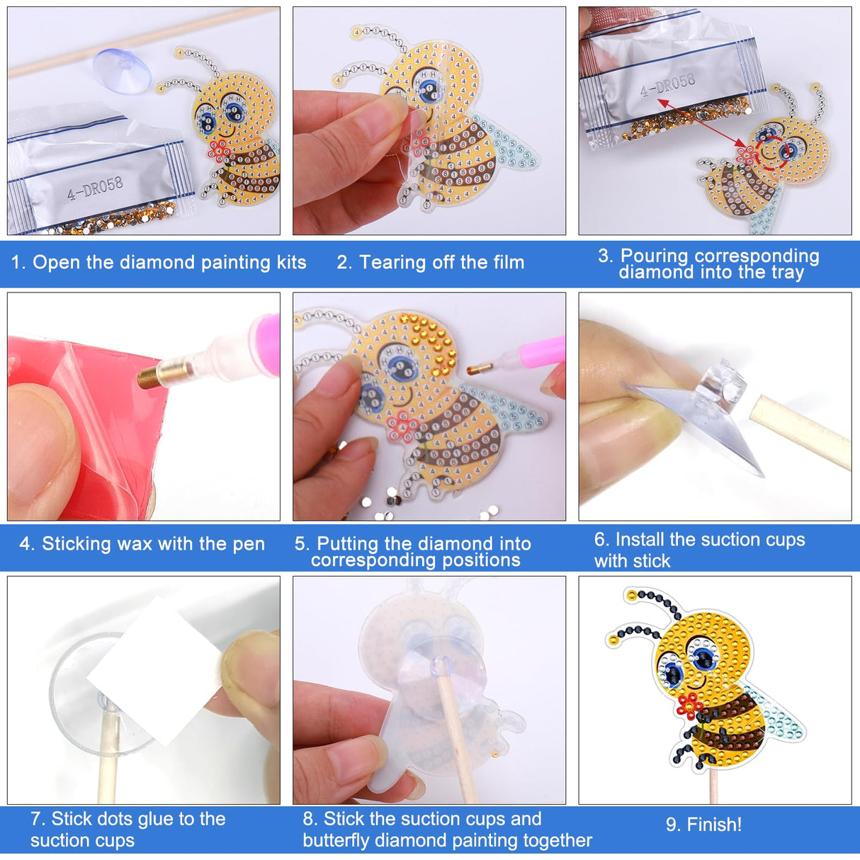 BSRESIN 8 Pcs Bee Diamond Painting Kits, Diamond Art Kits for Garden Decor, Bee Stakes Diamond Art Kits for Adults, Crafts for Adults BSRESIN