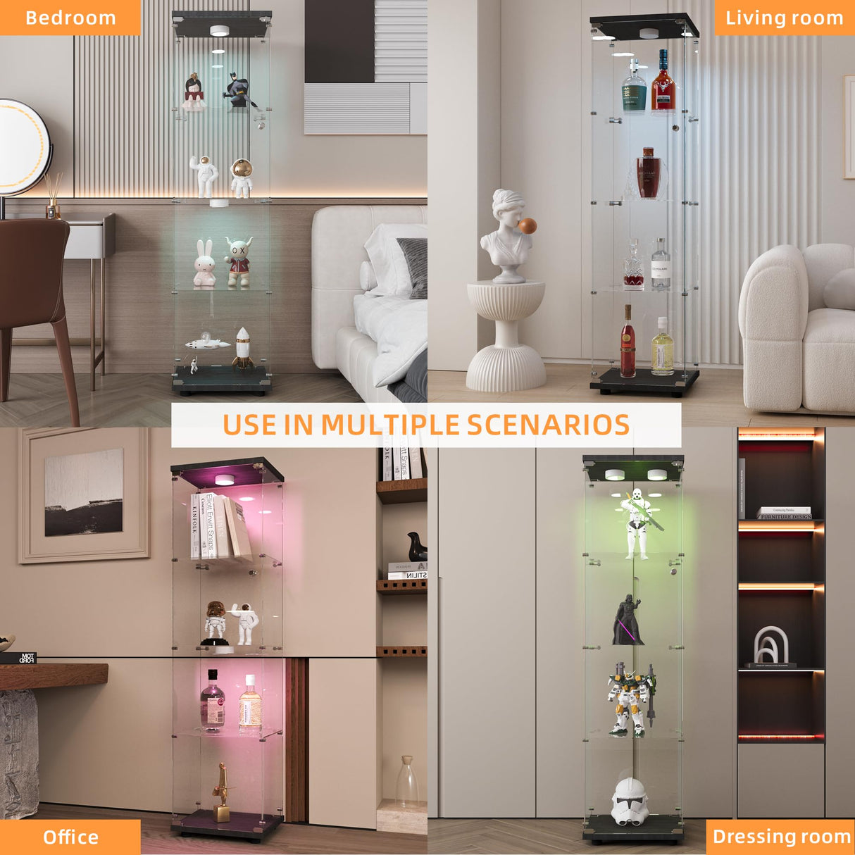 LFT HUIMEI2Y Glass Display Cabinet with LED Lights and Lock, 4-Shelf Curio Cabinets with Door, Tempered Glass Collection Display Showcase for Bedroom, Living Room 65”x 17”x 14.5” Black LFT HUIMEI2Y