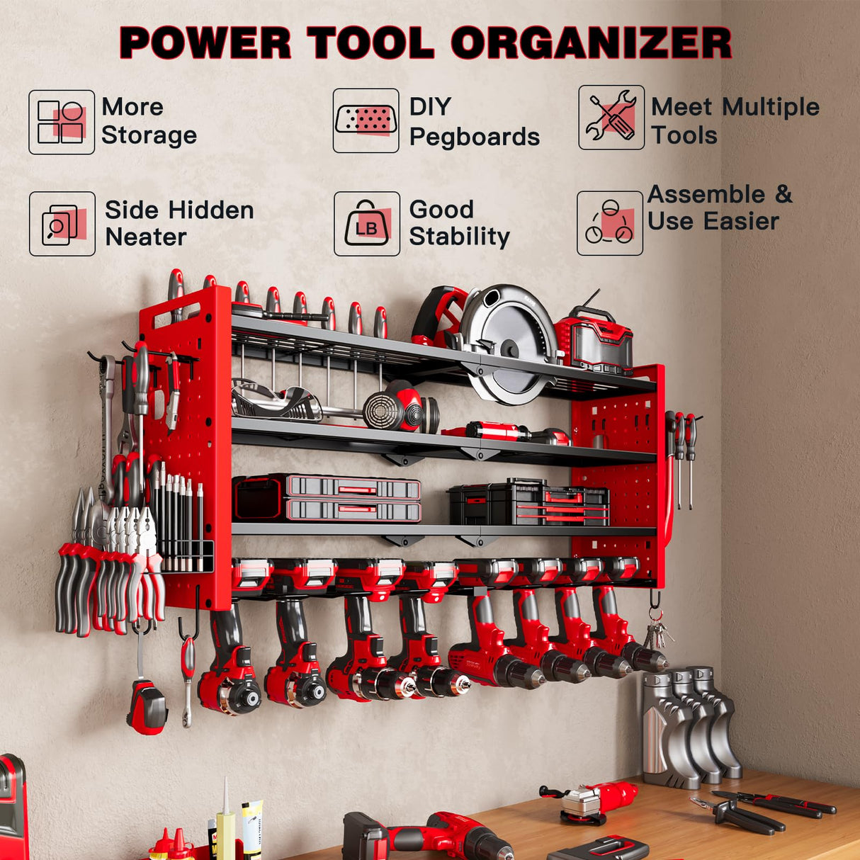NattyDot Power Tool Organizer Wall Mount,Cordless Drill Organizer,4 Layers Large Capacity Tool Rack with 8 Drill Holders (RED) NattyDot