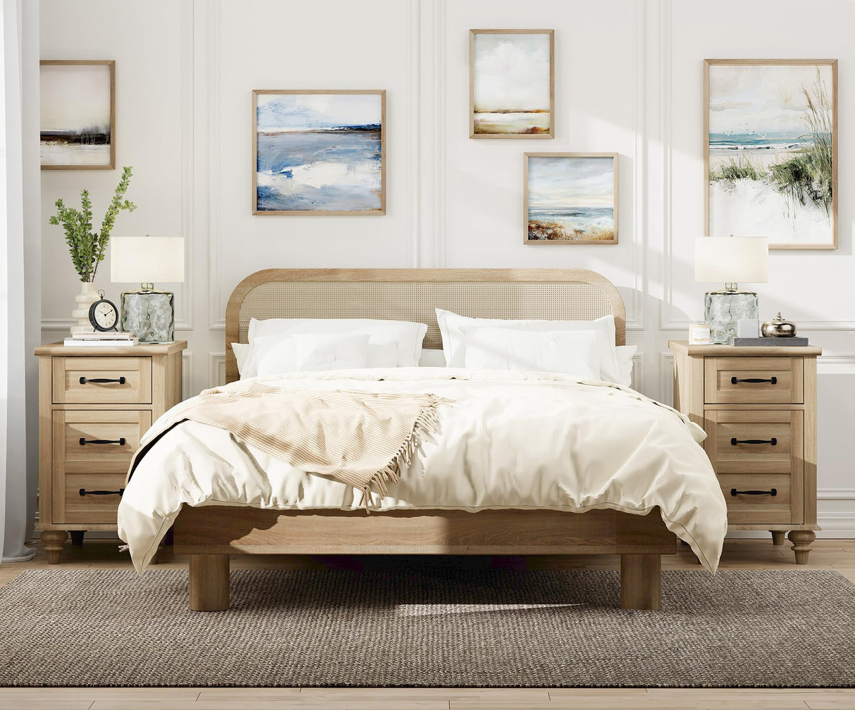 WAMPAT Set of 2 End Tables with Charging Station, Light Wood Side Sofa Table with Drawer and Storage Cabinet, Farmhouse Nightstand with Power Outlets & USB Ports for Living Room, Bedroom, Oak WAMPAT