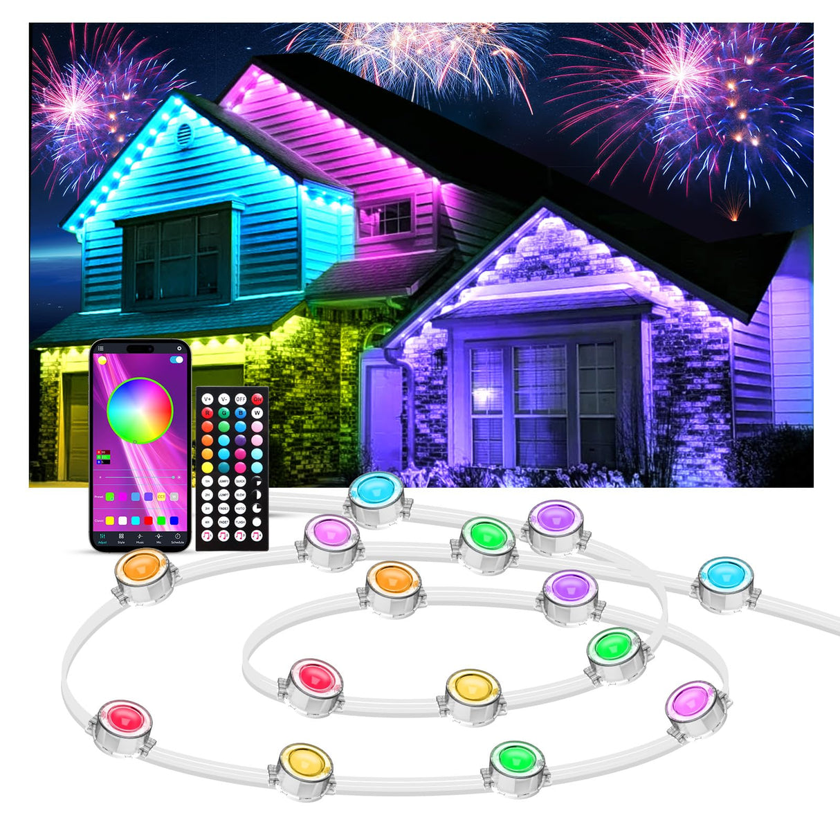 IVRICH 300FT Permanent Outdoor Lights, Smart RGB Eave Light With APP/Remote Control, IP67 Waterproof, DIY Scene Modes, Music Sync, Timer function, for Christmas, Party, Holiday Decor(2 Rolls of 150FT) IVRICH