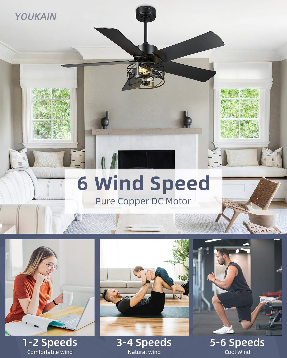 YOUKAIN Ceiling Fans With Lights, 48 Inch Farmhouse Ceiling Fans with Lights and Remote, 5-Reversible Blades with Matte Black/Wooden Finish, 48-YJ632-BKW YOUKAIN