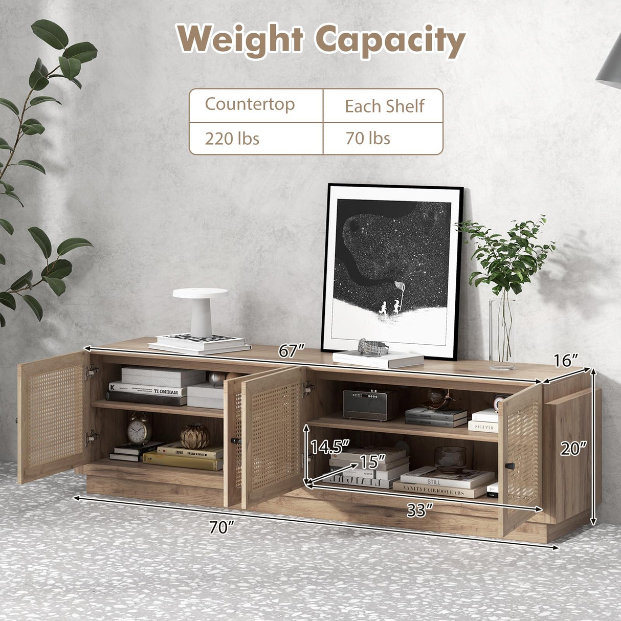 Tangkula Farmhouse TV Stand for TVs Up to 75-Inch, PE Rattan Entertainment Center with Storage and Adjustable Shelves, Mid Century Modern TV Console with 2 Cabinets and 8 Cable Holes for Living Room Tangkula