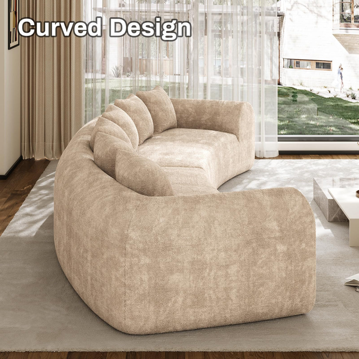 157" Oversized Curved Cloud Couch Sectional Sofa, Luxury Chenille Sofa with Extra Deep & Wide Seat, Modern Curved Couch for Living Room with 6 Throw Pillows, No Assembly Needed Brown OUYESSIR