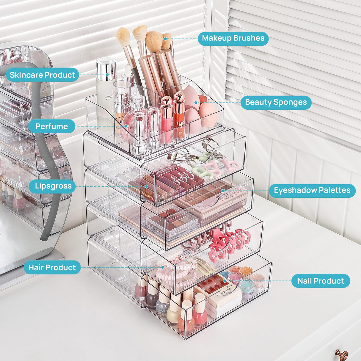 Vtopmart 3 Tier Clear Makeup Organizer with Drawer, Cosmetic Storage for Dresser Countertop and Bathroom Vanity, Beauty Holder for Lipstick Brush Skincare Vtopmart