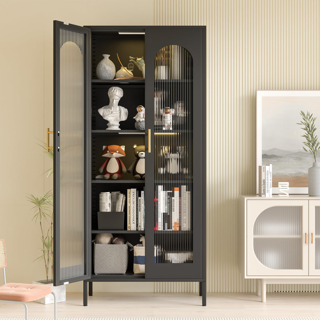 VASAAOSD 71" Kitchen Pantry Storage Cabinet, Display Cabinet with Glass Doors and Lights, Tall Storage Cabinet with Adjustable Shelves, Kitchen Pantry Cabinet for Dining Room, Living Room, Black VASAAOSD