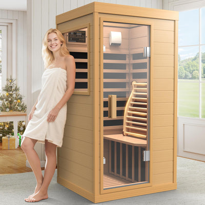 Upgraded 1 Person Sauna Infrared Sauna with Backrest, Hemlock Dry Sauna Indoor Wood Sauna for Home, 1062W 110V Red Light Far Infrared Sauna Low EMF with Integrated Speakers, Reading Lamp