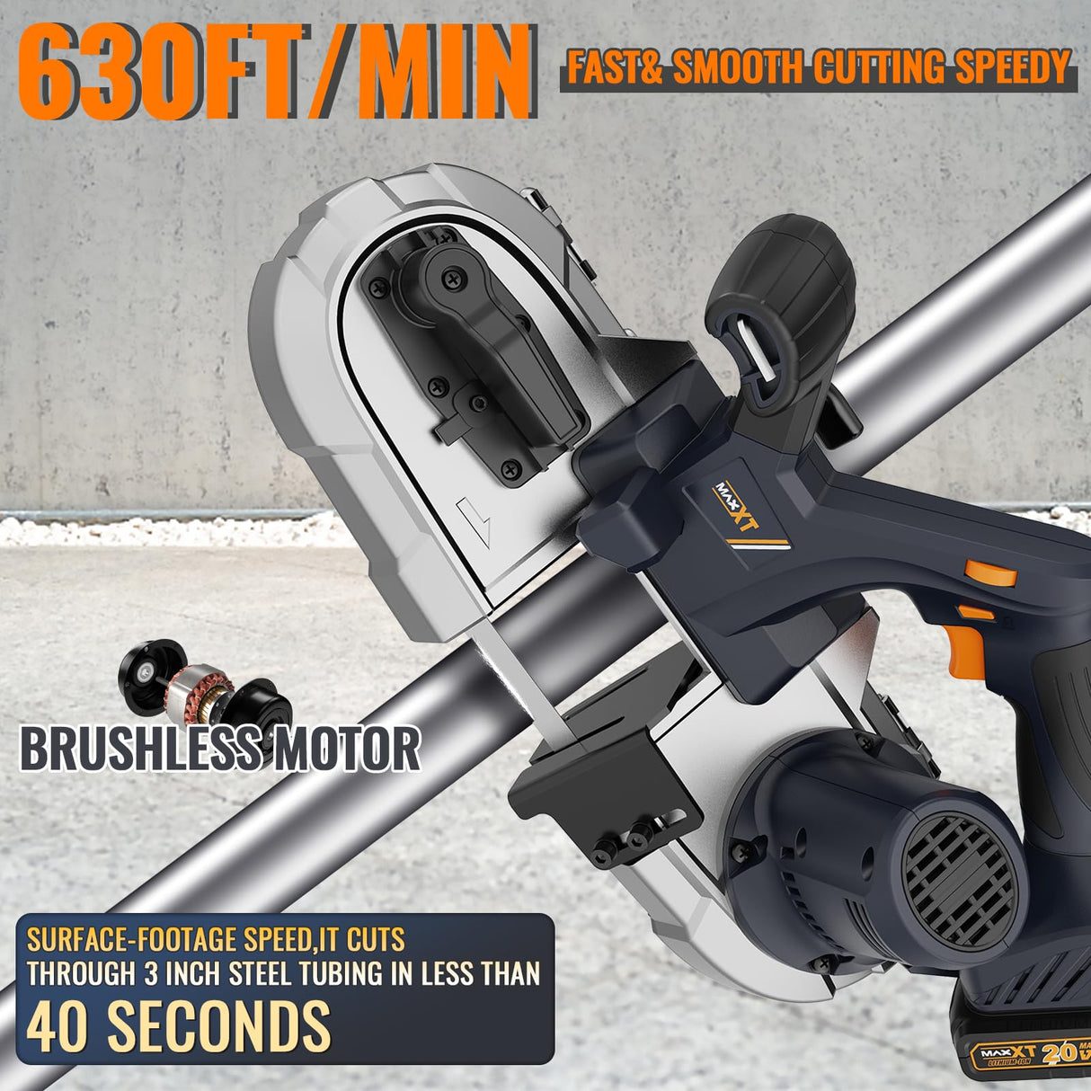 2-1/2 inch Band Saw Cordless, MAXXT Brushless Power Metal Bandsaw 20V MAX 2.5" Cutting Capacity 6 Speeds Adjustable, Not Hot Sparks When Cutting MAXXT