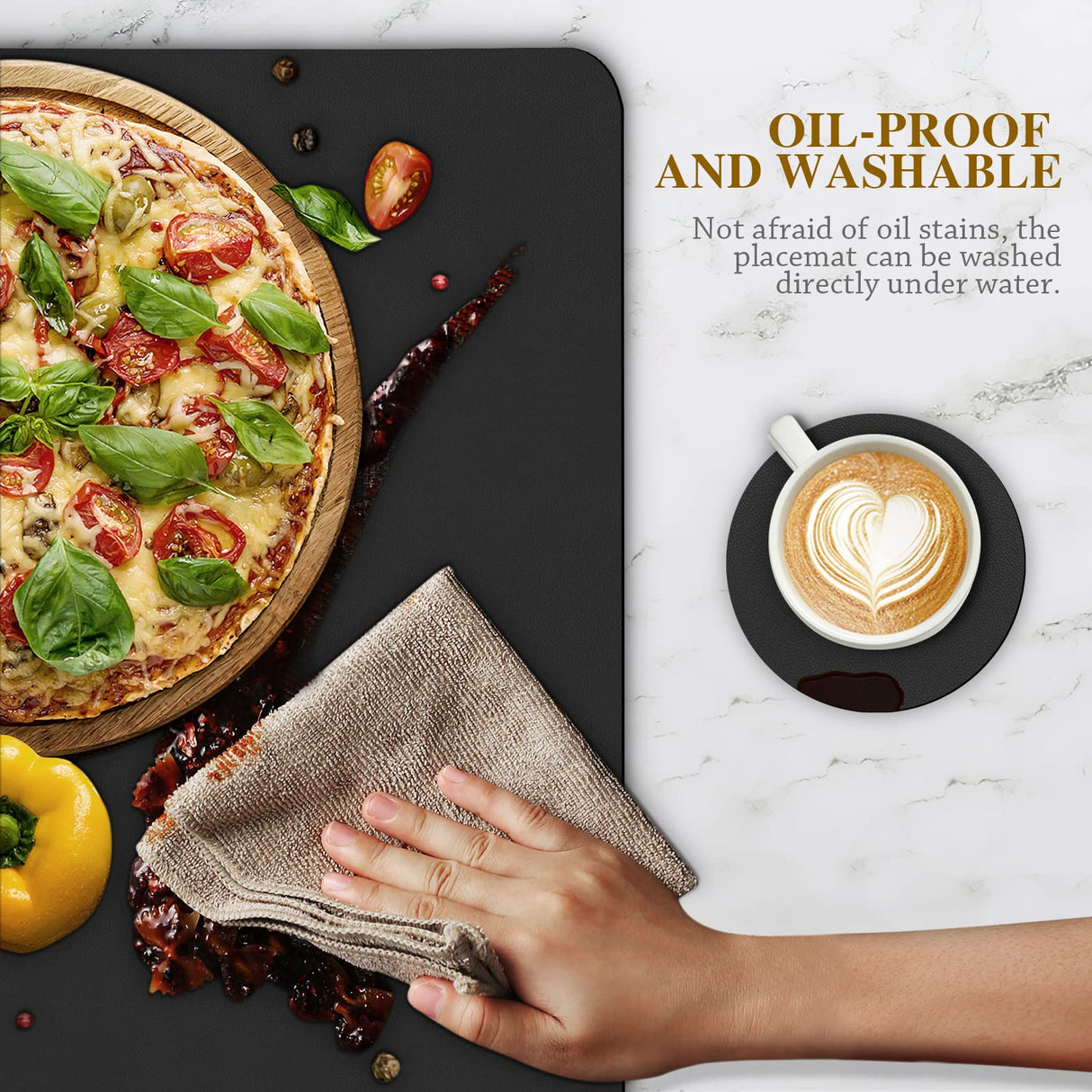 Bacgnyer Placemats Set of 8, Placemat with Coasters Heat Stain Scratch Resistant Non-Slip Waterproof Oil-Proof Washable Wipeable Outdoor Indoor for Dining Patio Table Kitchen Decor and Kids (Black 8) Bacgnyer