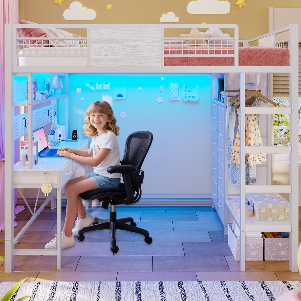 ADORNEVE Twin Size Loft Bed with Desk, 11 Storage Drawers & RGB LED Lights, Metal Loft Bed with Power Outlet, Shelves & Clothing Rack, 13.4" H Safety Guard & Paded Ladder, White ADORNEVE