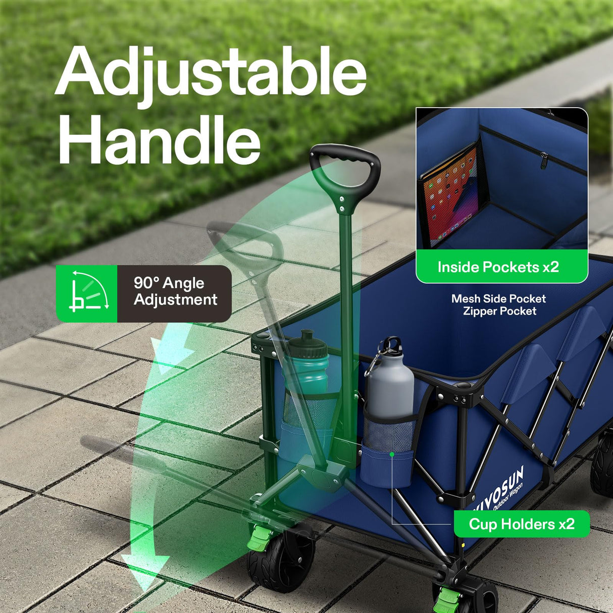 VIVOSUN Collapsible Folding Wagon, Outdoor Utility with Silent All-Terrain Beach Wheels, Adjustable Handle, Cup Holders & Side Pockets, for Camping, Beach, Shopping, Garden, Sports, Picnic, Blue VIVOSUN