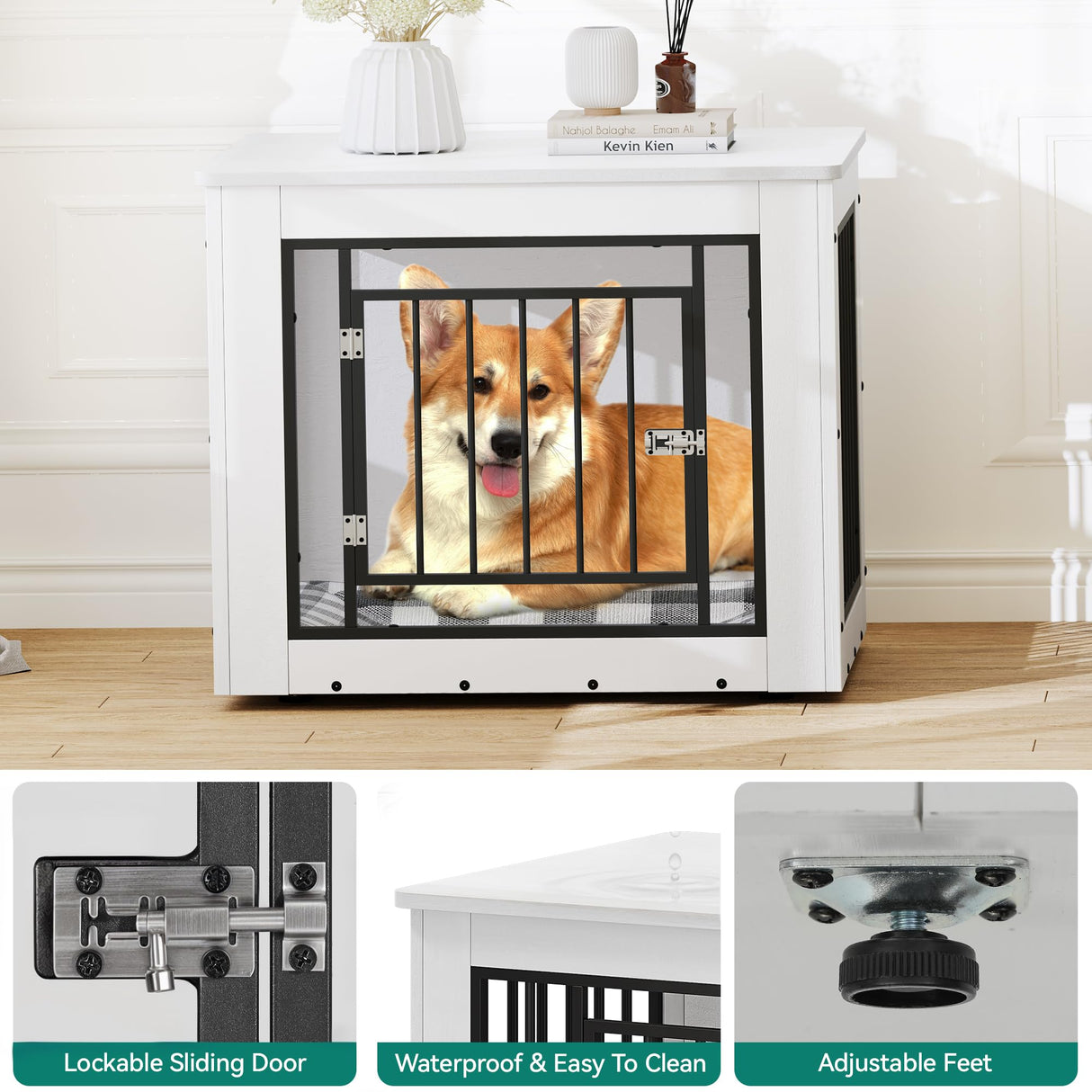 YITAHOME 30.1" L Dog Crate Furniture for Medium Dogs, 2-in-1 Iron-Wood Fusion Dog cage Indoor up to 35 lb, Side End Table, Modern Dogs Kennel with Waterproof Top, Safety Corners,Steel Lock,White YITAHOME