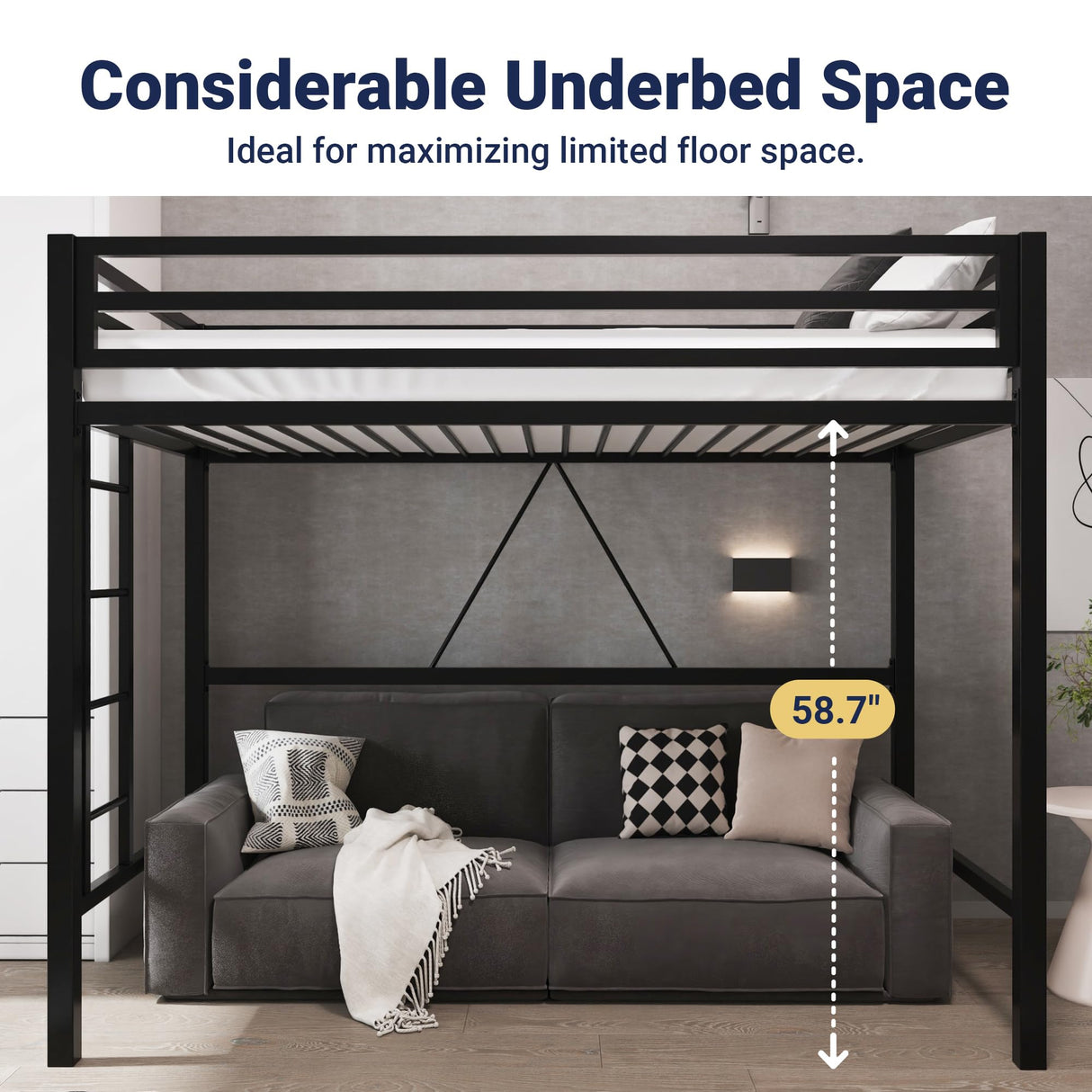 Allewie Metal Loft Bed Twin Size with Guardrail and Ladder, Small Space Saving Design for Bedroom Kid Room and Dorm, No Box Spring Needed, Black Allewie