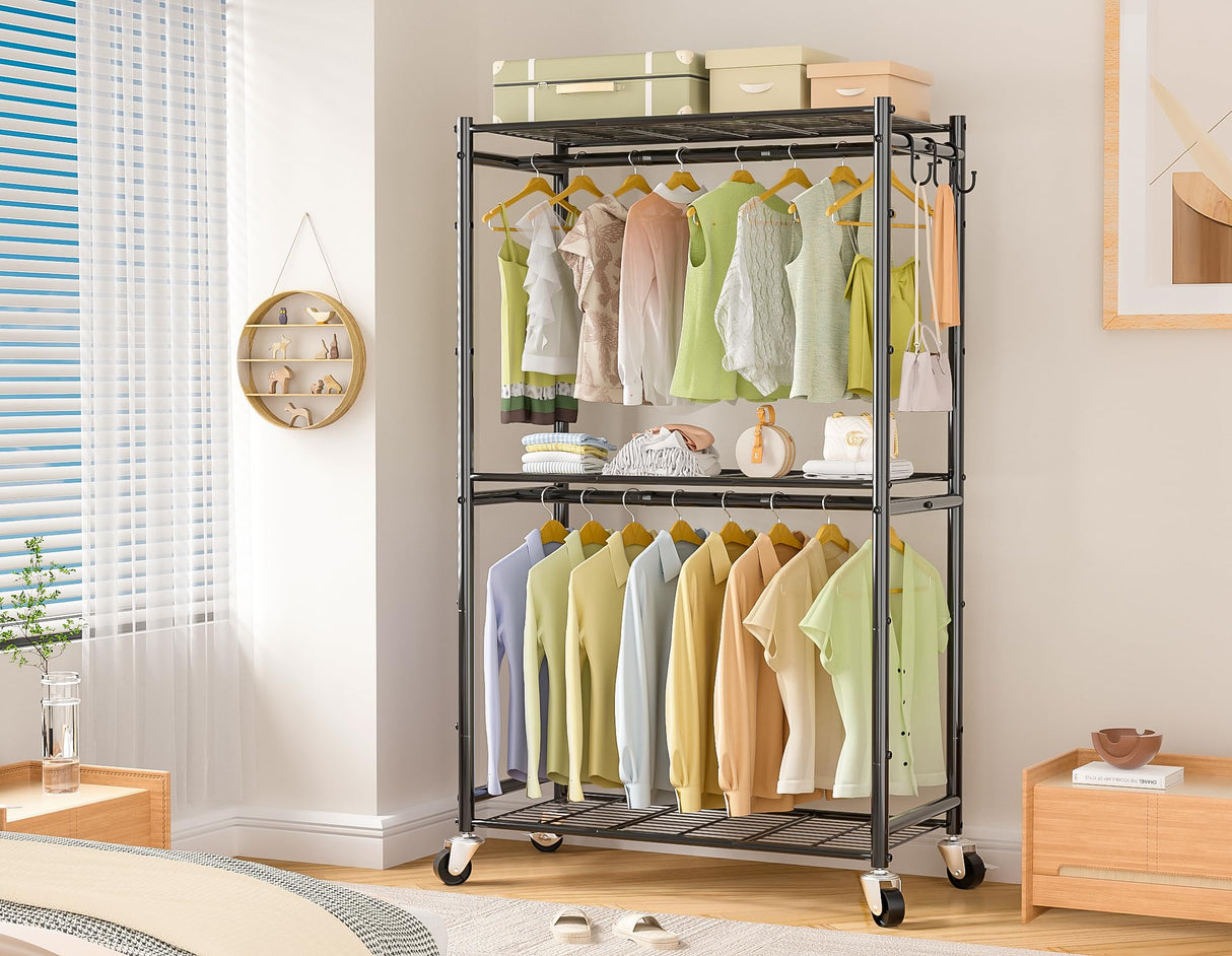Neatrays Rolling Clothes Rack for Hanging Clothes, Metal Clothing Garment Rack with Double Rods & 3 Wire Shelves, Portable Wardrobe Closet with Wheels Neatrays