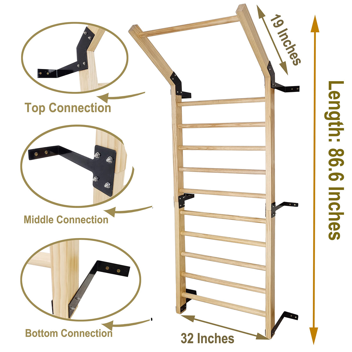 FC FUNCHEER Gymnastics Wooden Stall Bar, Swedish Ladder Wall Gym - Suspension Trainer, 11 Strategic Rods-86.6 Inches in Height, 32 Inches in Width, Wall Mounted Pull-Up Bar for Home FC FUNCHEER