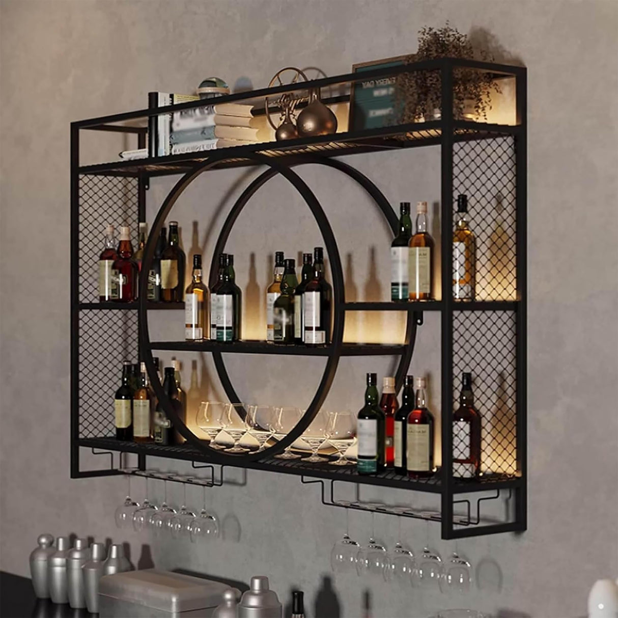 Liquor Bottles Bar Shelves Wall Mounted with LED Lighting Glass Holder, Wine Rack 3-Tiers Display Storage Organizer Hanging Long Stemware Goblet Metal for Home Cellar Black 47in Generic