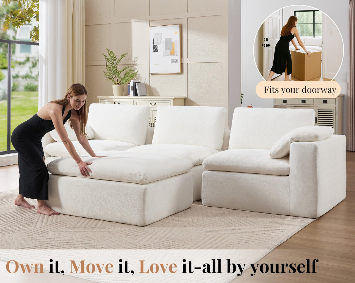 Jocisland 130 inch Cloud Couch Sectional, No-Assembly Modular Sectional Sofa with 83.5 inch Deep Chaise, Oversize Cloud Couch for Living Room, White Chenille Jocisland