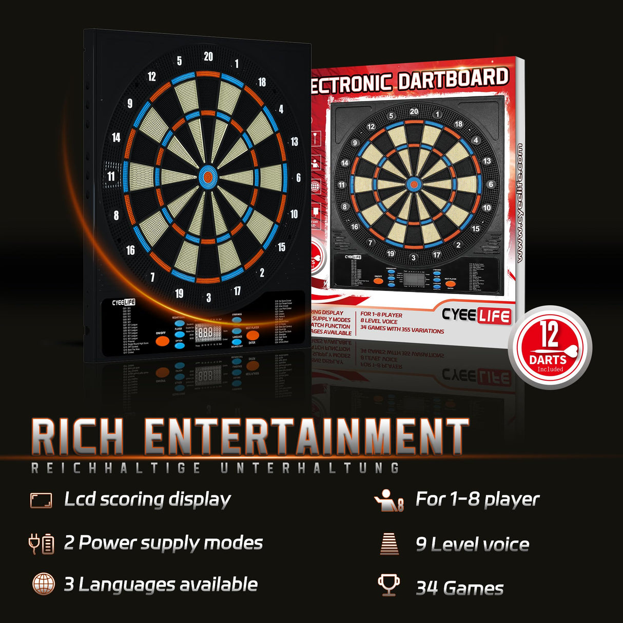 CyeeLife Electronic Dartboard&12 Soft Darts,8 Players&34 Games&255 Variations,Battery/Adapter/3 Languages Switching for Professional Dart Games CyeeLife