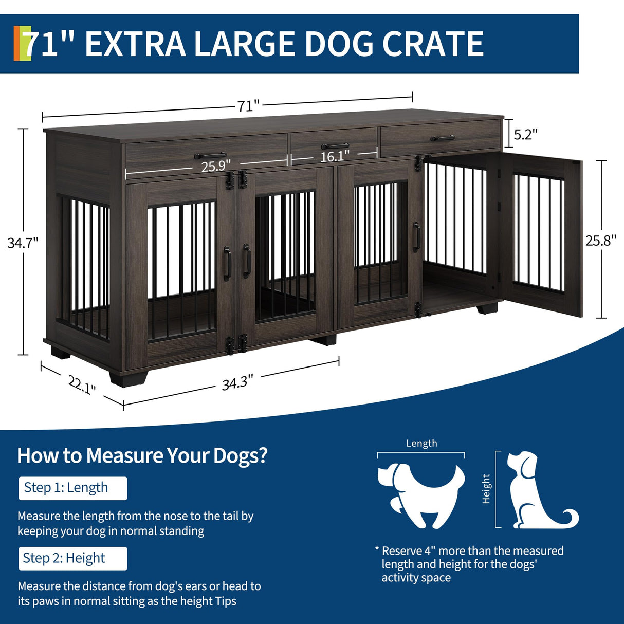 71'' Large Dog Crate for 2 Dogs, Dog Crate Furniture with 3 Drawers, Dog Kennel Furniture, Heavy Duty Dog Cage and TV Stand, Perfect for Medium Large Dogs, Walnut GarveeLife