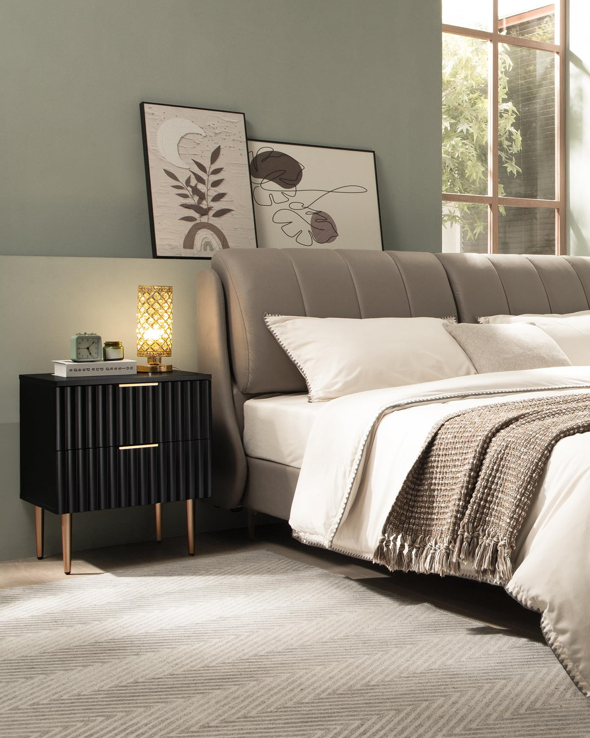 SICOTAS Black Night Stand Set 2, Wide Fluted Nightstand with 2 Drawers, Modern Glossy Storage Bedside Table for Bedroom, End Side Table with Golden Metal Legs and Handles SICOTAS