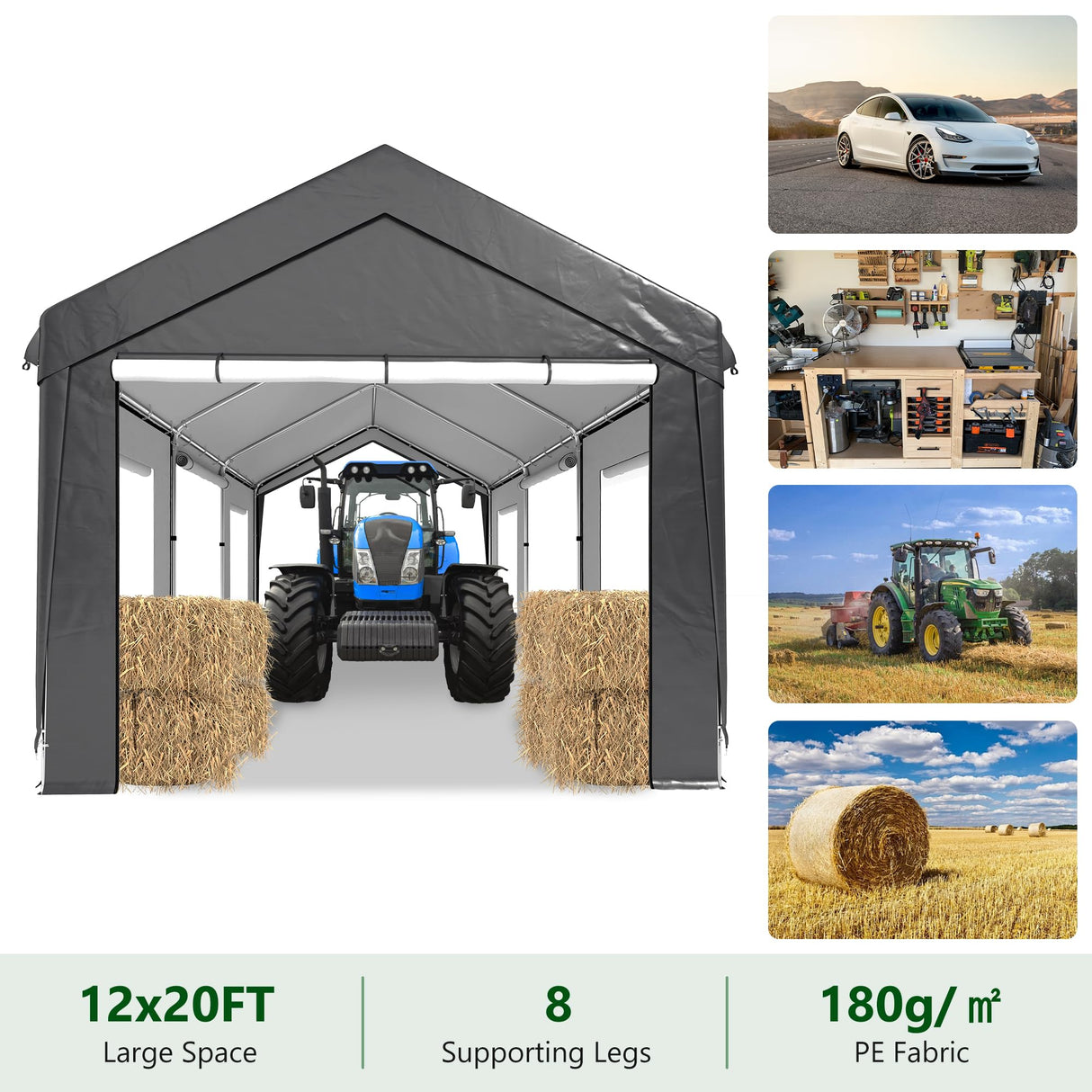 Raysfung Carport 12X20FT, Heavy Duty Car Port with Sidewalls, Carports Canopy, Portable Garage with Sandbags & All-Season Tarp, Outdoor Shelter for Car, SUV, F150, Truck, Boat (Gray) Raysfung