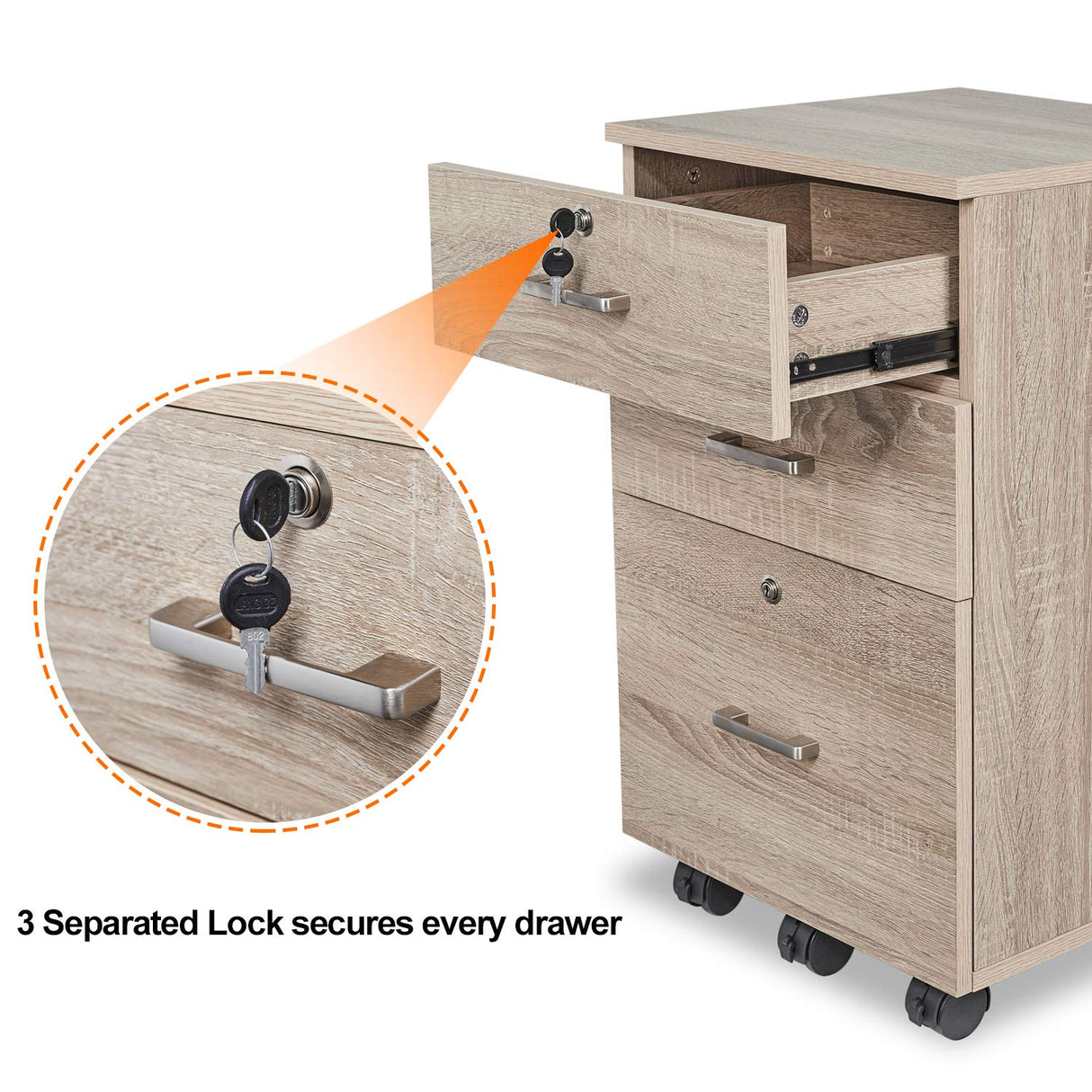 Bonnlo 26"H 3 Drawer File Cabinet with Lock, Rolling File Cabinet Under Desk, Mobile File Cabinets for Home Office, Wood File Cabinet Printer Stand for Letter Size File Folders, Assembly Required, Oak Bonnlo