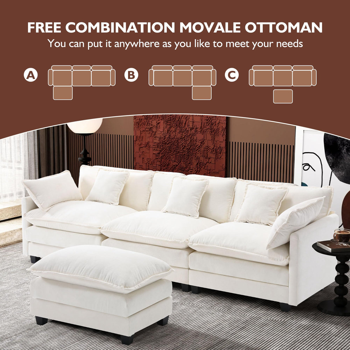 Ihanherry 111.4" L Shaped Modern Sofa Modular Sectional Cloud Couch with Ottoman, 4-Seat Chenille Deep Seat Sofa with Pillow for Living Room, Bedroom and Apartment, Beige Ihanherry