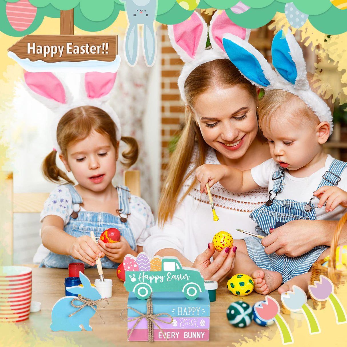 5 Pieces Easter Tiered Tray Decor Easter Farmhouse Wood Decor 3 Faux Books Bundle with Twine Easter Truck Sign and Wood Rabbit Sign Bunny Egg Spring Wooden Sign Tiered Tray for Easter Decor (Bunny) Blulu