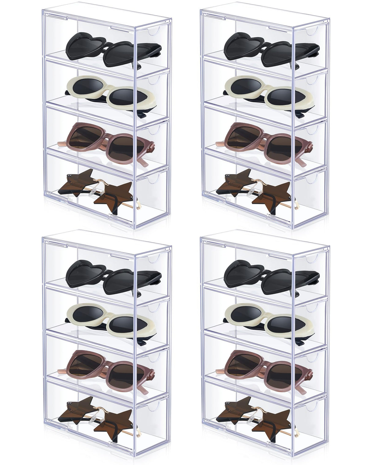 Sintuff 4 Pack Acrylic Sunglass Organizer with 4 Drawers Clear Eyewear Storage Display Case Eyewear Organizer for Women Eyeglass Holder Multiple Pair for Glasses Jewelry Watch Storage Tray Sintuff