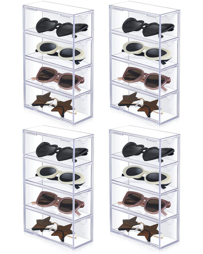 Sintuff 4 Pack Acrylic Sunglass Organizer with 4 Drawers Clear Eyewear Storage Display Case Eyewear Organizer for Women Eyeglass Holder Multiple Pair for Glasses Jewelry Watch Storage Tray