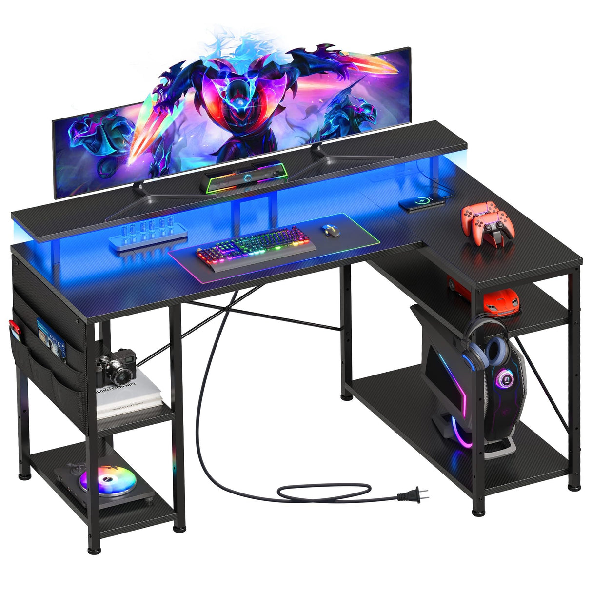 Maihail 51 inch L Shaped Desk with LED Lights & Power Outlets, Reversible Gaming Desk with Shelves & Monitor Stand, Computer Desk with Storage Side Bag,Corner Desk for for Bedroom Gaming Room, Black. Maihail