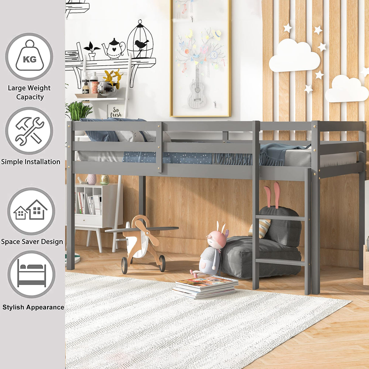 LoLado Twin Loft Bed - Grey Solid Wood Bed Frame with Guard Rails and Built-In Ladder for Kids LoLado