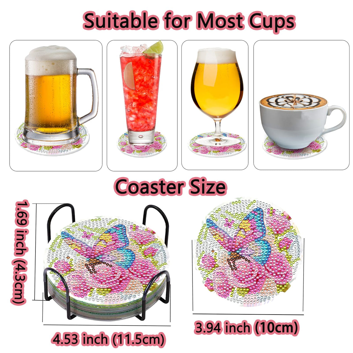 TDOOW Diamond Art Painting Coasters Kit, 8 Pcs Colorful Butterfly Diamond Art Coasters with Holder, DIY Diamond Painting for Adults Beginners TDOOW