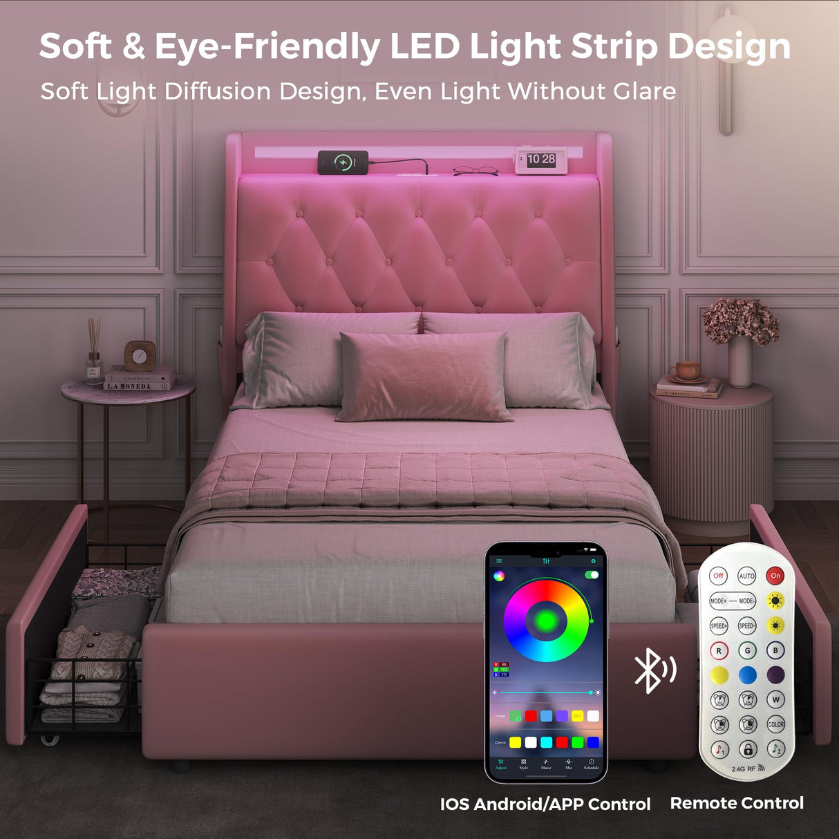 Twin LED Velvet Bed Frame with 2 Storage Drawers&Hidden Headboard, Upholstered Platform Bed with Charging Station&Button Tufted Design, Wooden Slats Support, Box Spring Optional, Easy Assembly, Pink Jocoevol