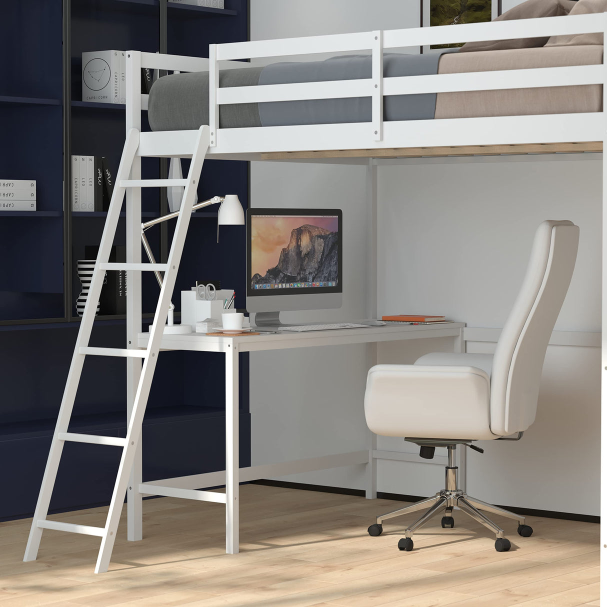 BizChair Full Size Loft Bed with Integrated Desk - White Wood Slats - Space-Saving Design for Kids and Teens BizChair