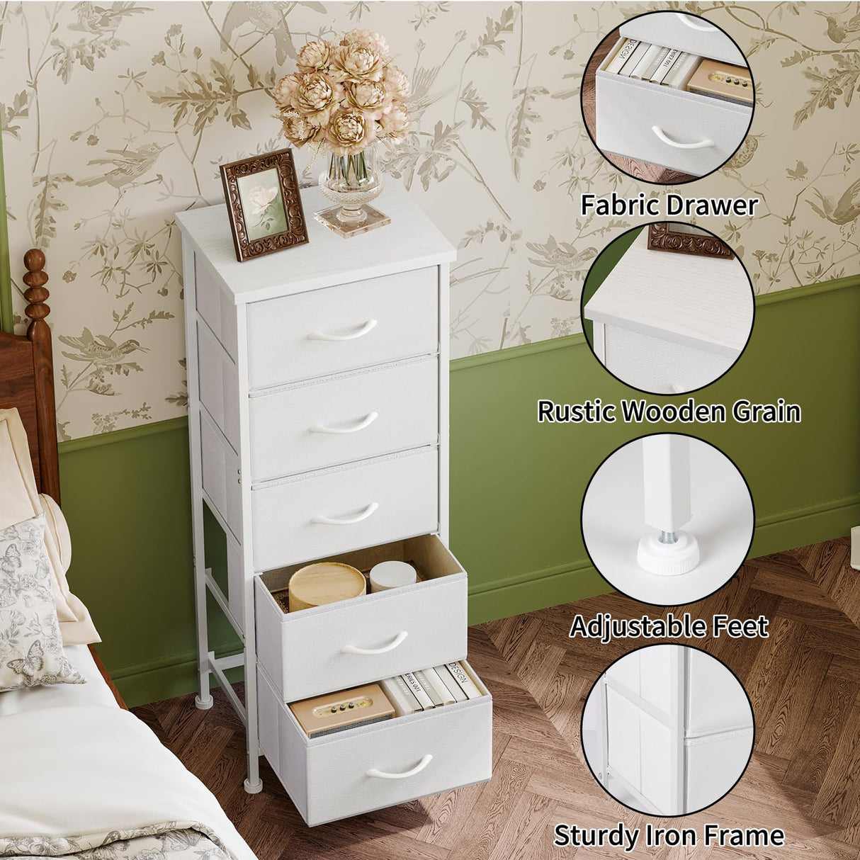 Fixwal White Tall Dresser for Bedroom, Closet Organizers and Storage Tall Fabric Dresser for Closet, Drawer Organizer with 5 Drawers, Bedroom Furniture Fixwal