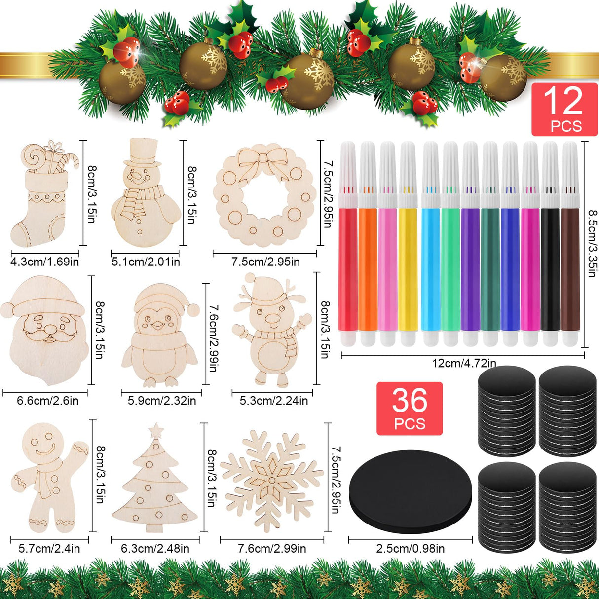 Blueweenly 84 Pcs DIY Wood Christmas Craft Magnets Set for Kids Christmas Day Craft Wooden Ornaments Unfinished Slices in 9 Styles Ornaments to Paint Crafts for Kids Blueweenly