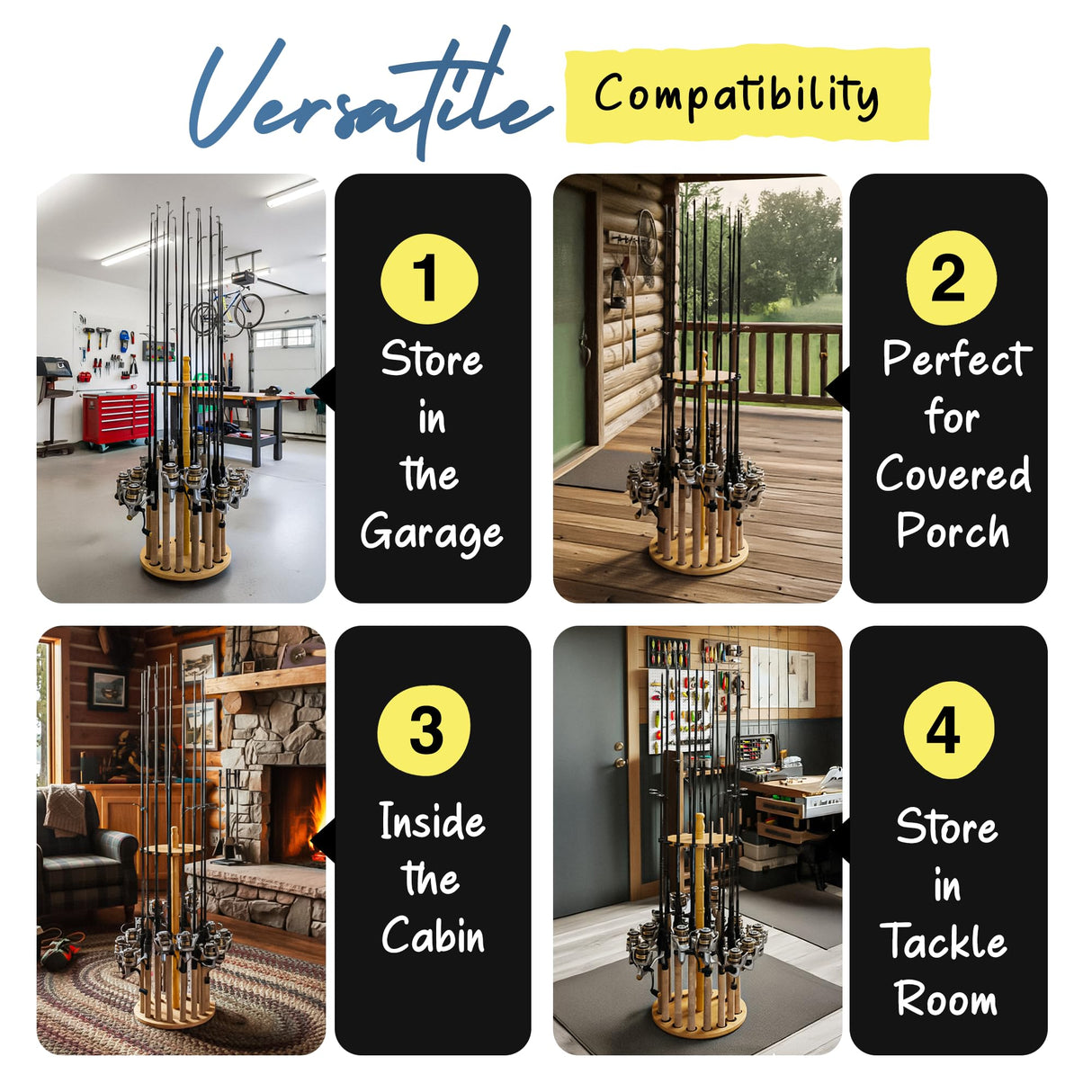 Rush Creek Creations Round 16 Fishing Rod Storage Rack - Features Traditional Handcrafted Wood Post - No Tool Assembly, Wood Grain Laminate Rush Creek Creations