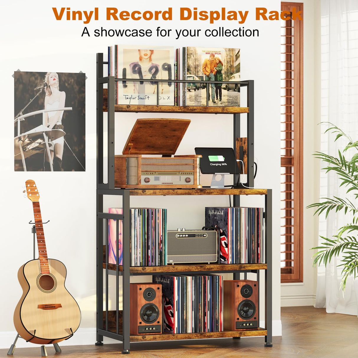 EasyCom Record Player Stand with Vinyl Storage, Turntable Stand Holds Up to 300 Albums, Large Record Player Table with Charge Station, Vinyl Record Stand for Living Room Bedroom EasyCom