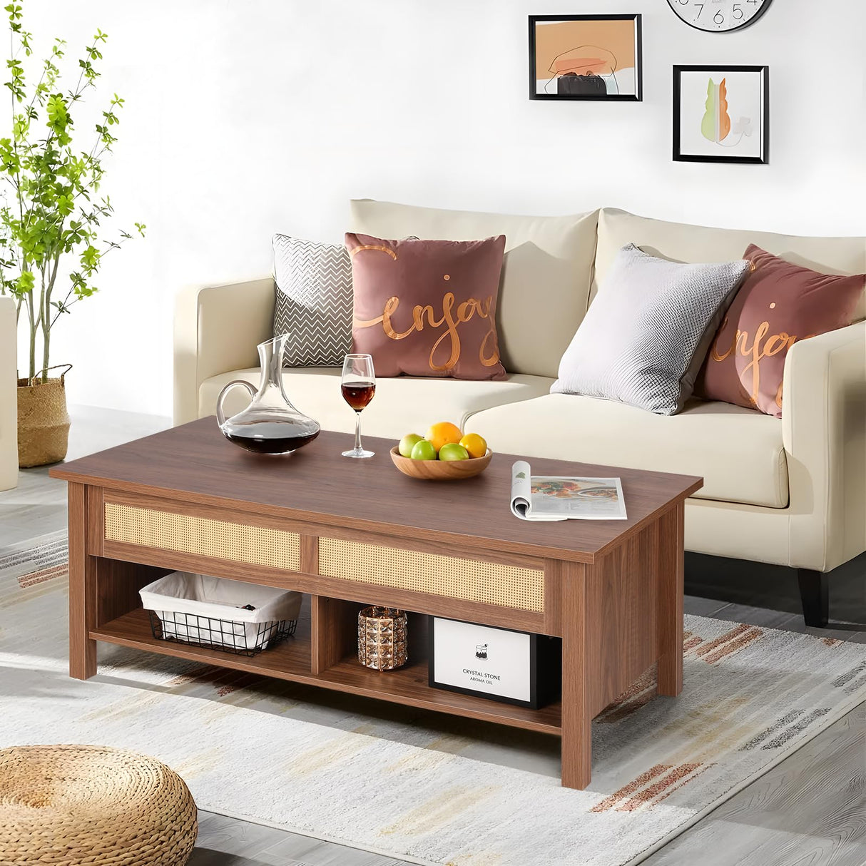 VOWNER Wood Lift Top Coffee Table with Large Hidden Compartment, Rattan Decorated Dining Table for Home Small Space, Bohemian Coffee Table with Storage for Home Living Room, Home Office, Espresso VOWNER