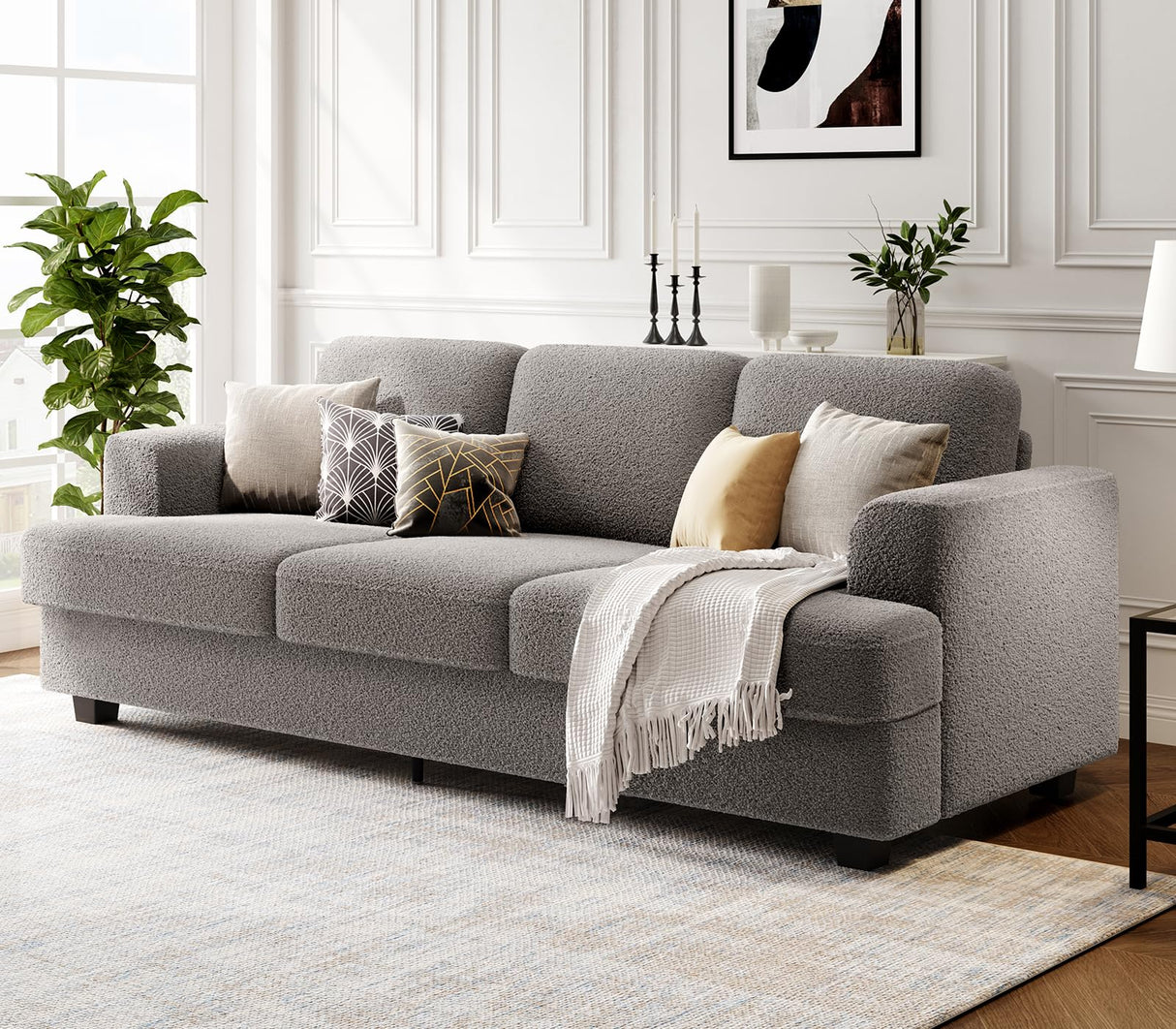 KKL 89 Inches Loveseat Sofa, Comfy Cloud Couch with Deep Seats, 3 Seater Couches for Living Room, Bouclé Fabric, Wood Frame, Easy Assembly, Grey KKL