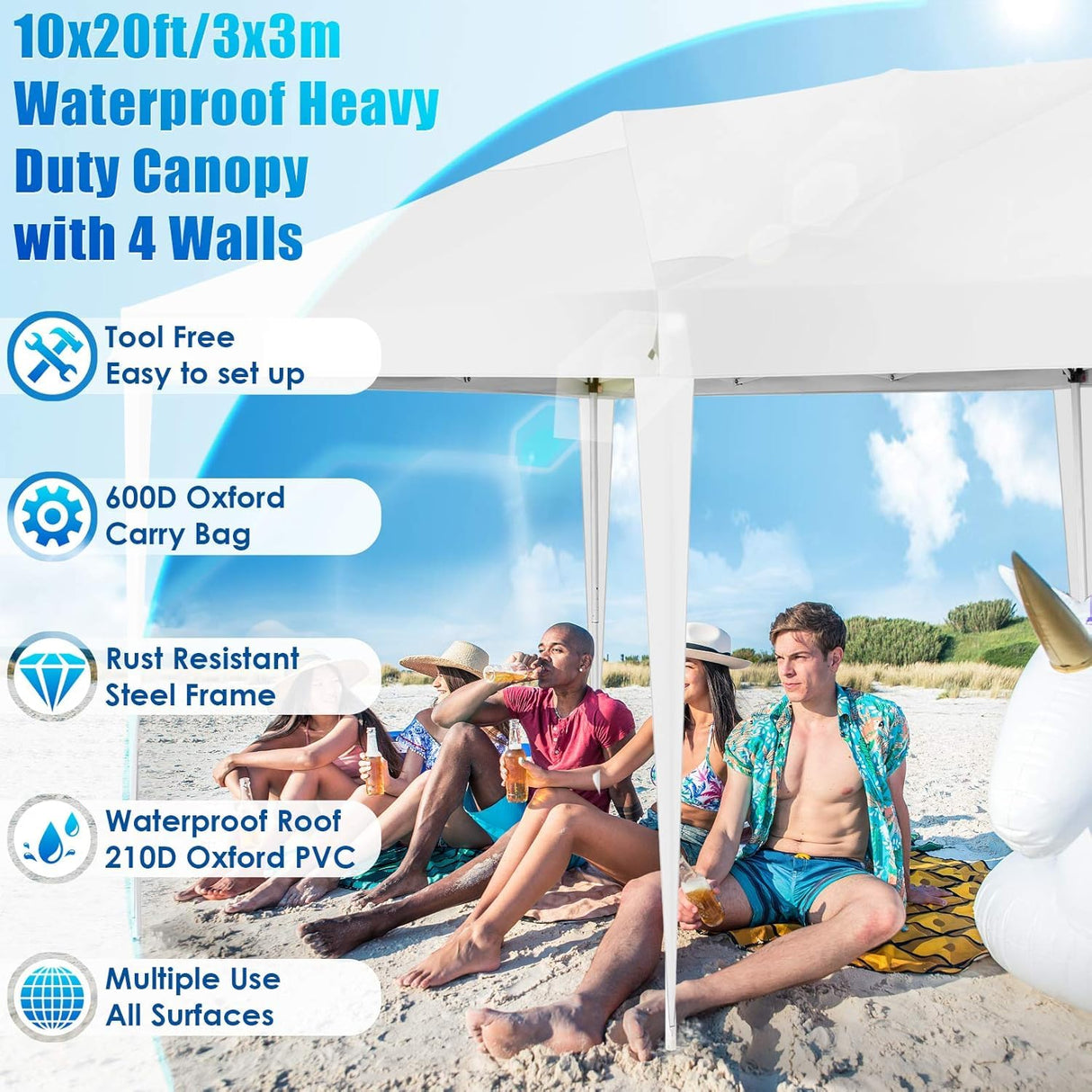 COBIZI Canopy 10x20 Pop Up Canopy Tent with 6 Sidewalls Party Tents for Parties Weddings Backyard Waterproof Outdoor Commercial Event Tent with Stakes, Ropes, White COBIZI