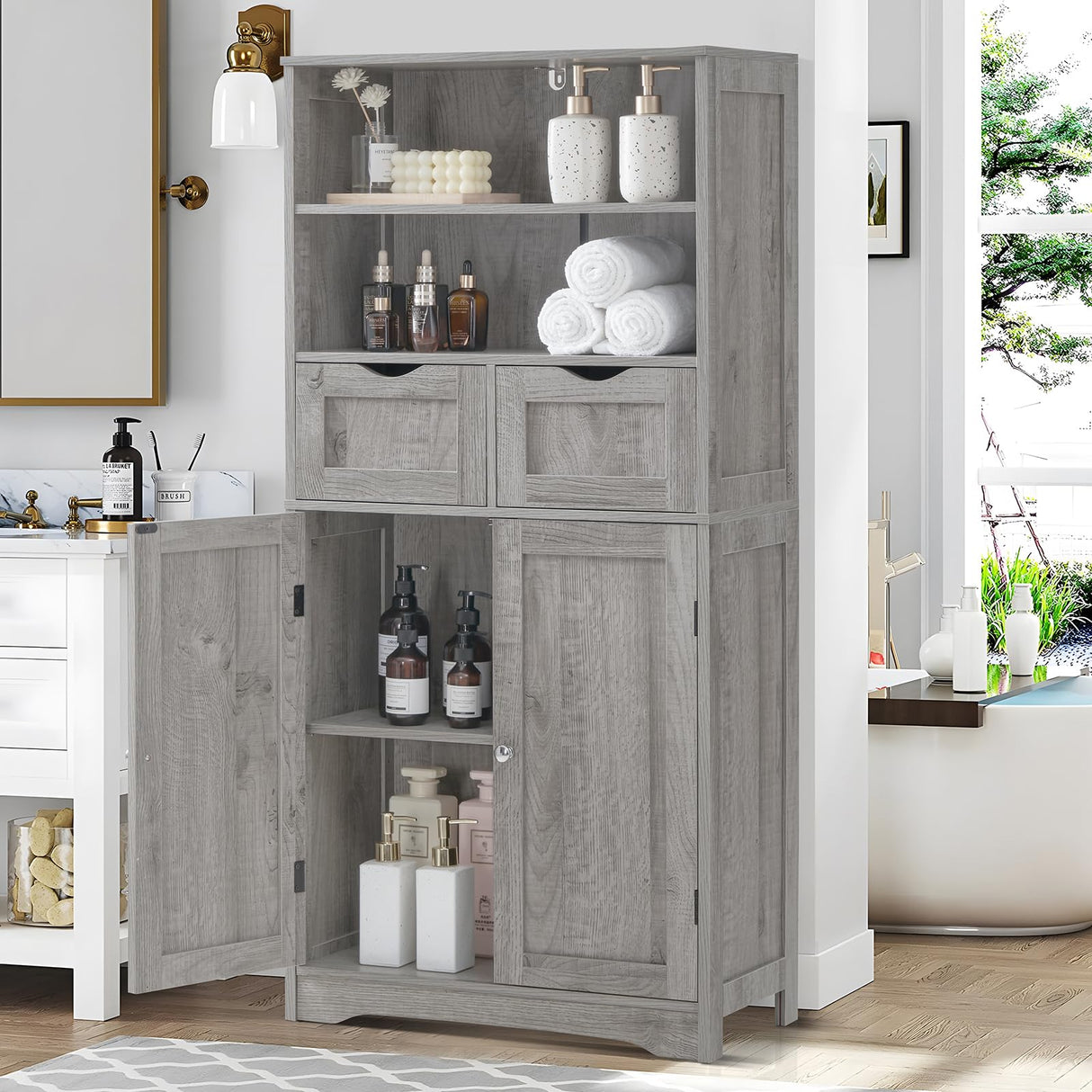 Iwell Tall Storage Cabinet with 2 Drawers & Adjustable Shelves, Bathroom Cabinet with Doors, Cupboard, Floor Cabinet for Living Room, Dining Room, Entryway, Grey Iwell