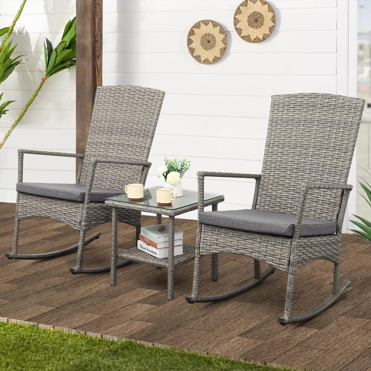Valita 3 Piece Patio Rocking Chair Outdoor Rattan Bistro Set with Glass Top Table Conversation Set with Grey PE Wicker, Gray Cushion Valita