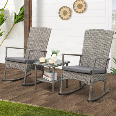 Valita 3 Piece Patio Rocking Chair Outdoor Rattan Bistro Set with Glass Top Table Conversation Set with Grey PE Wicker, Gray Cushion