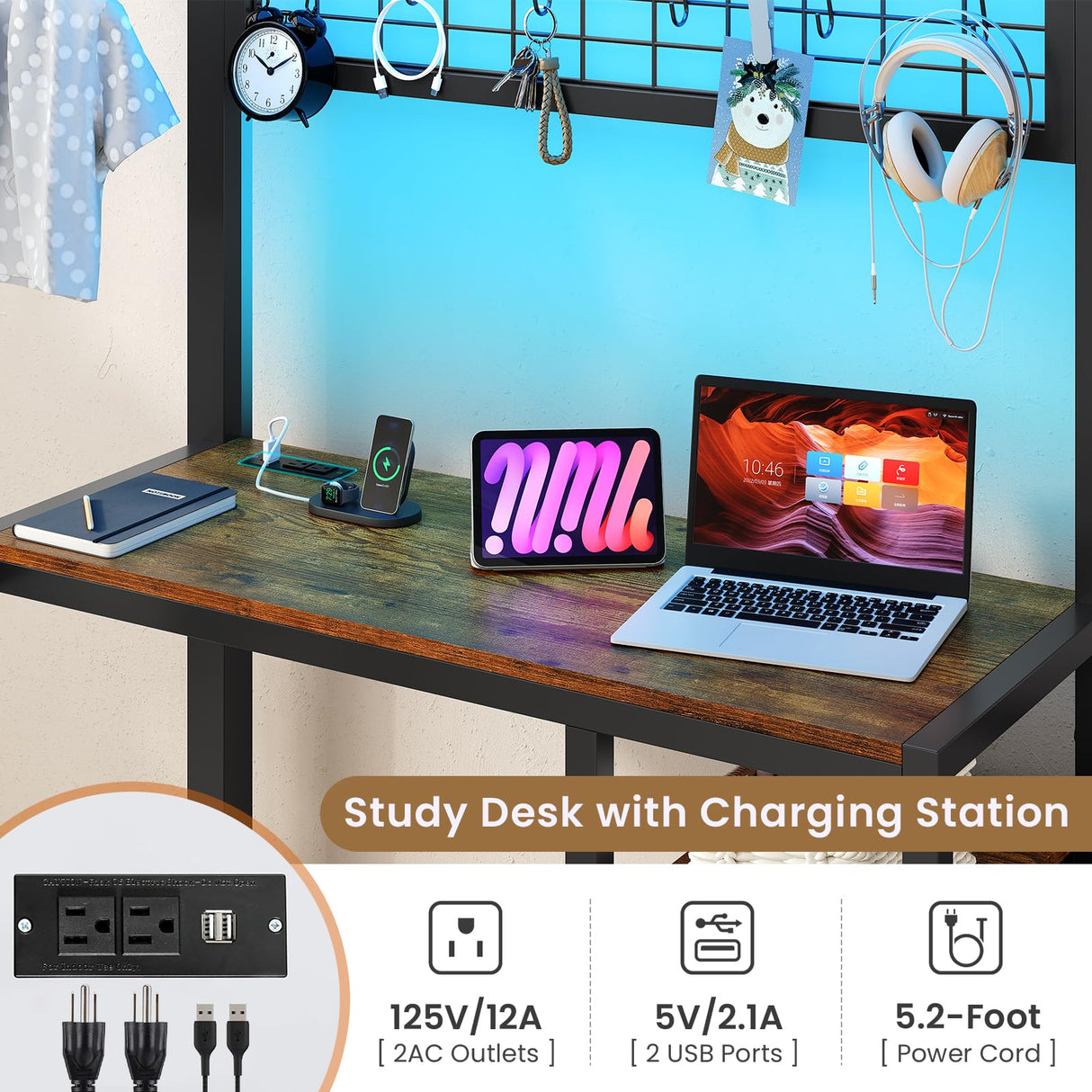 DICTAC Bunk Bed with Desk,Led Lights and Charging Station Metal L-Shaped Twin Over Twin Bunk Beds with Storage Drawers and Shelves, Loft Bed with Safety Guardrail and Ladder for Kids and Teen,Black DICTAC