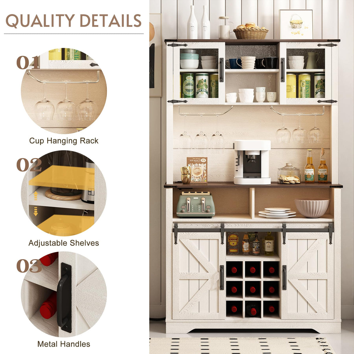 GlouMod Farmhouse Coffee Bar Cabinet with Sliding Barn Door, 70" Tall Kitchen Hutch China Cabinet w/Wine Rack, Power Outlet & Lighting, Liquor bar Station Food Pantry Storage Cabinet for Home, White GlouMod