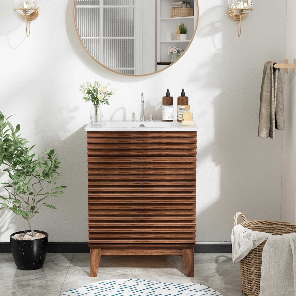 ROOMTEC 24" Bathroom Vanity with Sink, Mid-Century Freestanding Bathroom Vanity Sink with Storage, Undermount Ceramic Sink, Particleboard Frame with Wood Grain Laminate, Walnut ROOMTEC