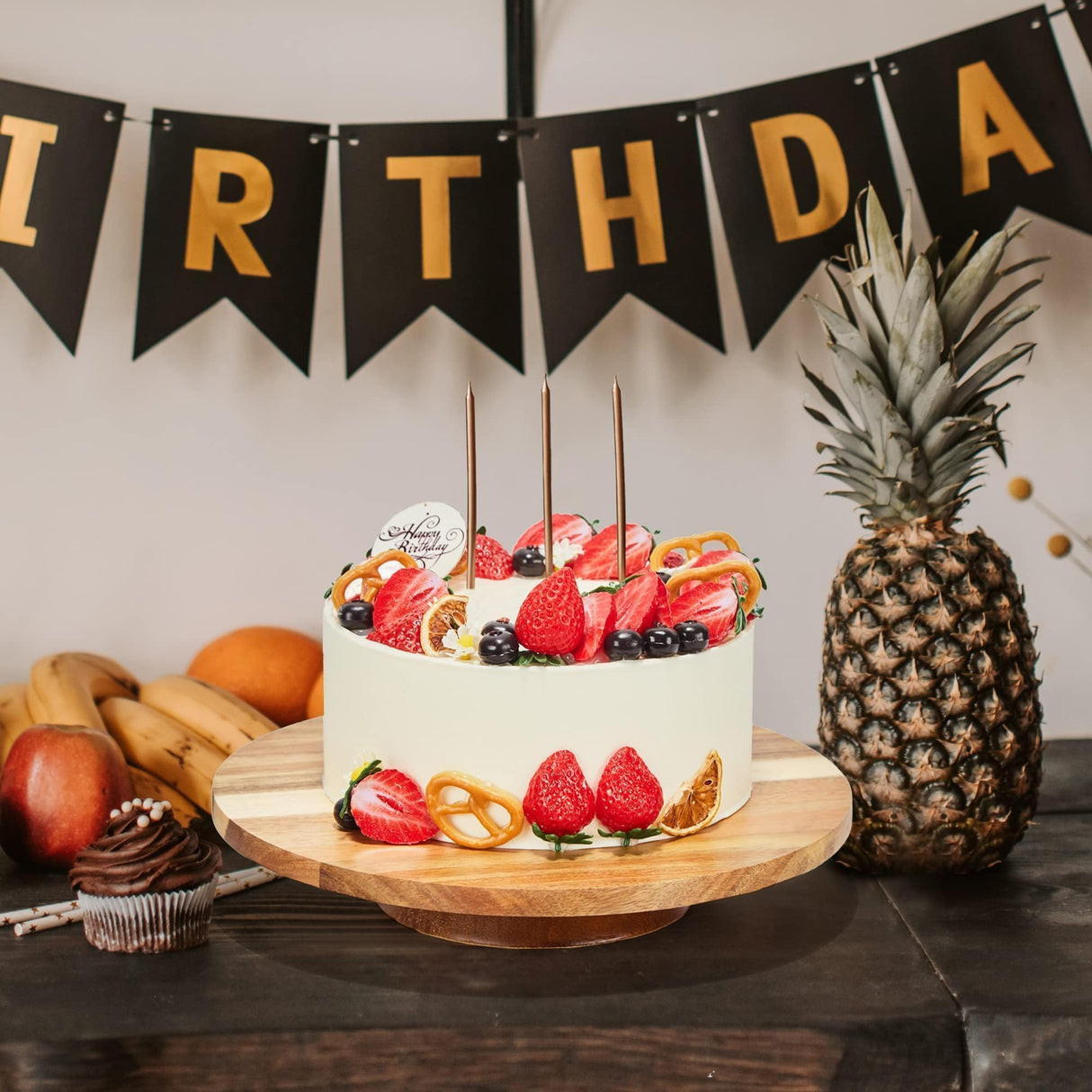 12" Acacia Wood Revolving Cake Stand, Rotating Cake Turntable, Wooden Rotating Display Stand for Cake, Cupcake Decorating Supplies GOVOKOI